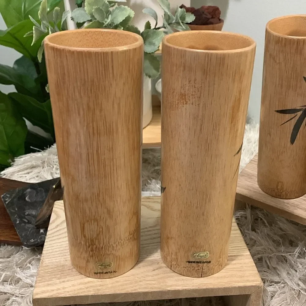 Angel Bamboo Cup Set Of 4 Tall 2‎ Short Handpainted Bamboo Drinking Cups Vintage